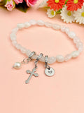 Natural White Moonstone with Pearl and Cross Bracelet, N7101