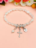 Natural White Moonstone with Pearl and Cross Bracelet, N7101