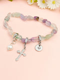 Natural Fluorite with Pearl and Cross Bracelet, N7103