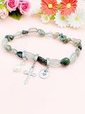 Natural Green Rutilated Quartz with Pearl and Cross Bracelet, N7104