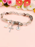 Natural Lodolite Quartz with Pearl and Cross Bracelet, N7106