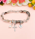 Natural Lodolite Quartz with Pearl and Cross Bracelet, N7106
