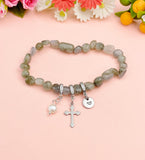 Natural Labradorite with Pearl and Cross Bracelet, N7107