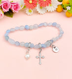 Natural Aquamarine with Pearl and Cross Bracelet, N7108