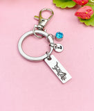 Silver Grasshopper Charm Keychain, Personalized Initial and Birthstone Gift, D648
