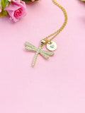 Gold Dragonfly Necklace with Cubic Zirconia and Initial Pendant, N6797