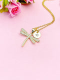 Gold Dragonfly Necklace with Cubic Zirconia and Initial Pendant, N6797