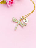 Gold Dragonfly Necklace with Cubic Zirconia and Initial Pendant, N6797