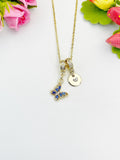 16K Gold Plated Tiny Blue Butterfly Cubic Zirconia Charm Necklace, Dainty Personalized Gift, N6998