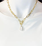 Natural Freshwater Pearl Gold Stainless Steel Toggle Paperclip Chain Necklace, N7000