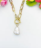 Natural Freshwater Pearl Gold Stainless Steel Toggle Paperclip Chain Necklace, N7000