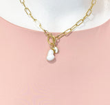 Natural Freshwater Pearl Gold Stainless Steel Toggle Paperclip Chain Necklace, N7000