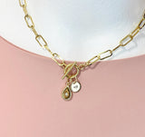 18K Gold Plated Teardrop Cubic Zirconia Gold Stainless Steel Toggle Paperclip Chain Necklace, N7001