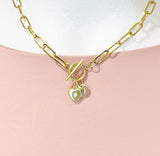 18K Gold Plated Heart Cubic Zirconia Gold Stainless Steel Toggle Paperclip Chain Necklace, N7002