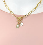18K Gold Plated Rectangle Heart Enamel Toggle Paperclip Chain Necklace, N7003