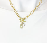 18K Gold Plated Rectangle Heart Enamel Toggle Paperclip Chain Necklace, N7003