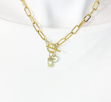 18K Gold Plated Rectangle Heart Enamel Toggle Paperclip Chain Necklace, N7003