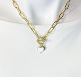18K Gold Plated Heart Enamel Toggle Paperclip Chain Necklace, N7004