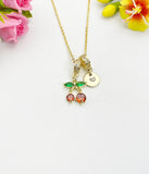 18K Gold Plated Cherry Cubic Zirconia Charm Necklace, Dainty Fruit Personalized Gift, N7016