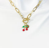 18K Gold Plated Cherry Enamel Charm Toggle Paperclip Chain Necklace, Personalized Gift, N7017