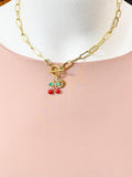 18K Gold Plated Cherry Enamel Charm Toggle Paperclip Chain Necklace, Personalized Gift, N7017