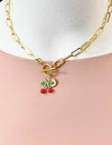 18K Gold Plated Cherry Enamel Charm Toggle Paperclip Chain Necklace, Personalized Gift, N7017
