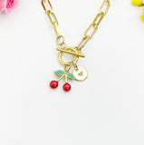 18K Gold Plated Cherry Enamel Charm Toggle Paperclip Chain Necklace, Personalized Gift, N7017