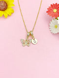 Gold Butterfly Necklace with Cubic Zirconia Bail and Initial Pendant, N6796