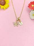 Gold Butterfly Necklace with Cubic Zirconia Bail and Initial Pendant, N6796