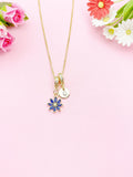 Gold Blue Daisy Necklace with Zirconia Bail and Initial Pendant, N6786