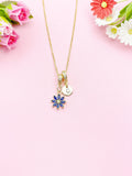 Gold Blue Daisy Necklace with Zirconia Bail and Initial Pendant, N6786