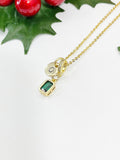 Green Emerald Rectangle Pendant Necklace 18K Gold Plated, N7057G