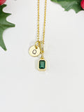 Green Emerald Rectangle Pendant Necklace 18K Gold Plated, N7057G