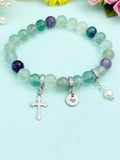 Natural Fluorite with Natural Pearl and Cross Bracelet, Gold or Silver, N7069
