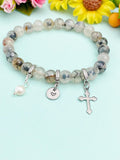 Natural Dragon Veins Agate with Natural Pearl and Cross Bracelet, Gold or Silver, N7070