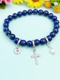 Natural Lapis Lazul with Pearl and Cross Bracelet, Gold or Silver, N7071