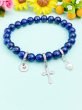 Natural Lapis Lazul with Pearl and Cross Bracelet, Gold or Silver, N7071