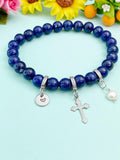 Natural Lapis Lazul with Pearl and Cross Bracelet, Gold or Silver, N7071