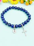 Natural Lapis Lazul and Cross Bracelet, Gold or Silver, N7071C