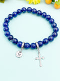 Natural Lapis Lazul and Cross Bracelet, Gold or Silver, N7071C
