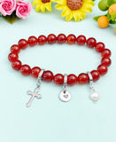 Natural Carnelian with Pearl and Cross Bracelet, Gold or Silver, N7073