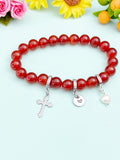 Natural Carnelian with Pearl and Cross Bracelet, Gold or Silver, N7073