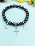 Natural Brecciated Jasper with Pearl and Cross Bracelet, Gold or Silver, N7074
