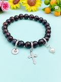 Natural Brecciated Jasper with Pearl and Cross Bracelet, Gold or Silver, N7074