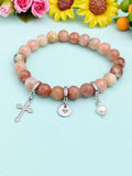 Natural Plum Blossom Jasper with Pearl and Cross Bracelet, Gold or Silver, N7075