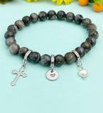 Natural Glaucophane with Pearl and Cross Bracelet, Gold or Silver, N7076
