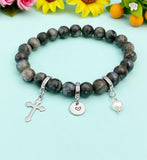 Natural Glaucophane with Pearl and Cross Bracelet, Gold or Silver, N7076