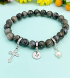 Natural Glaucophane with Pearl and Cross Bracelet, Gold or Silver, N7076