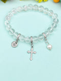Natural Quartz Crystal with Pearl and Cross Bracelet, Gold or Silver, N7077