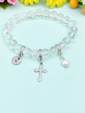 Natural Quartz Crystal with Pearl and Cross Bracelet, Gold or Silver, N7077